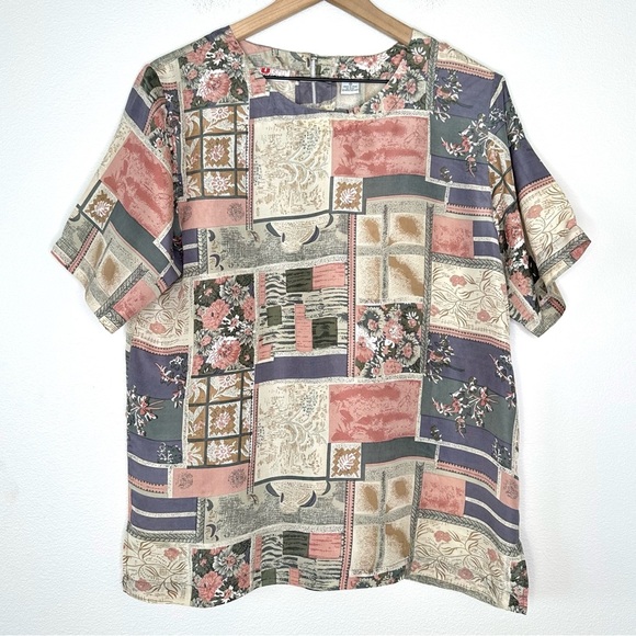 Vintage 100% Silk Top By Stunt Collections Sz M Cottagecore Abstract Patchwork - Picture 1 of 10